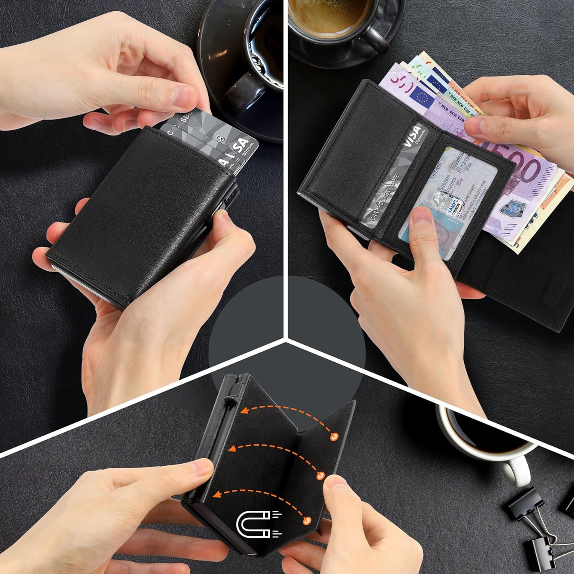 Cartera de cuero para hombre con tarjeta de crédito multicapa magnética ultrafina transfronteriza Cartera antirrobo para hombre