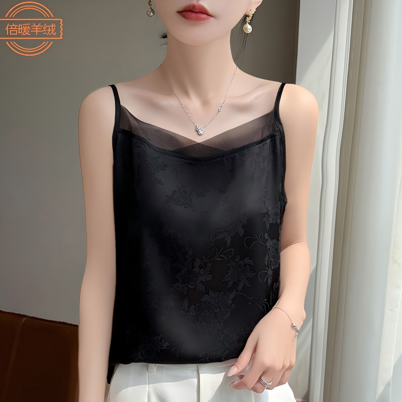 Acetate satin camisole for women with V-neck lace design, elegant layered sleeveless top, fashionable faux silk vest Acetate satin camisole for women with V-neck lace design, elegant layered sleeveless top, fashionable faux silk vest