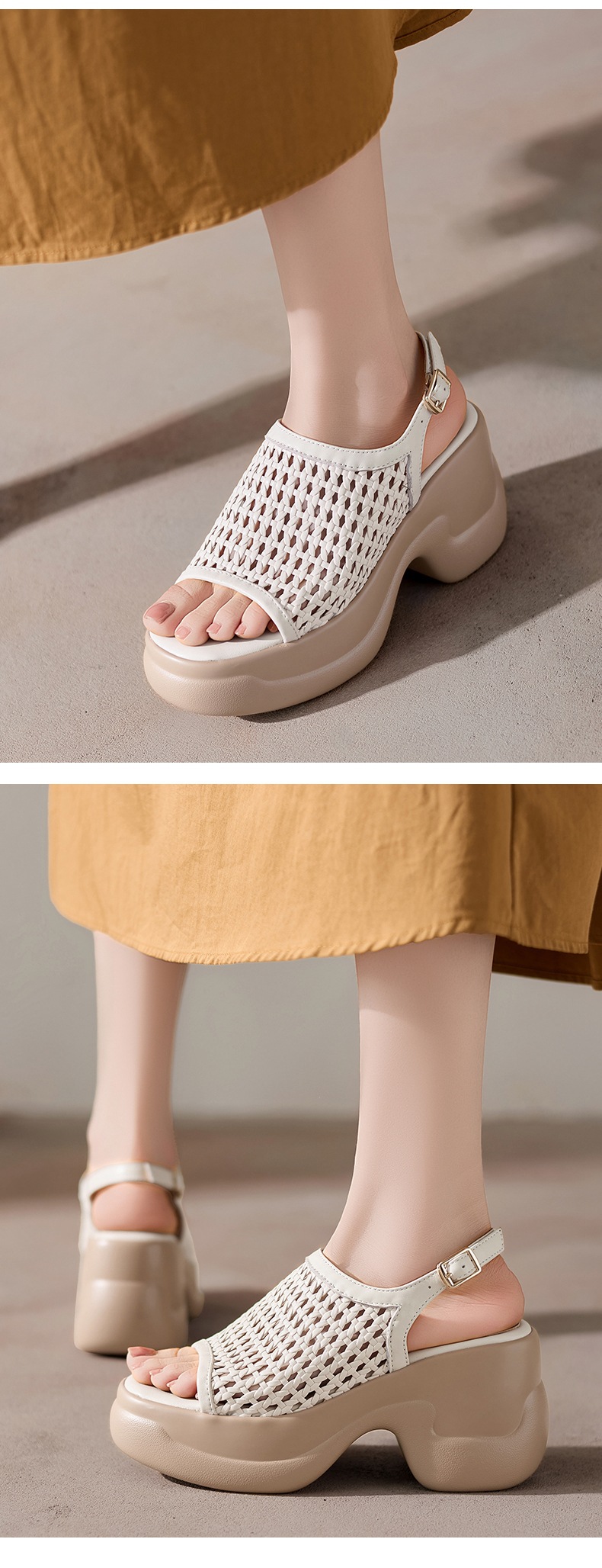 Sandal cao gót nữ mũi hở đế dày 8 cm kiểu dệt La Mã quai ngang — đen chi tiết 4