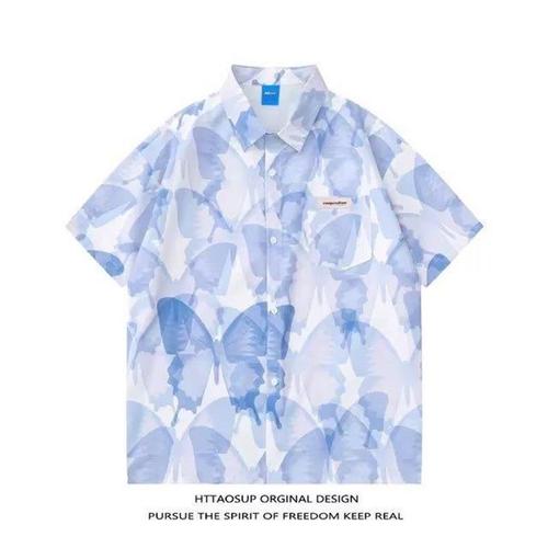 Men's Summer Vintage Hong Kong Style Floral Print V-Neck Shirt Loose Thin Top