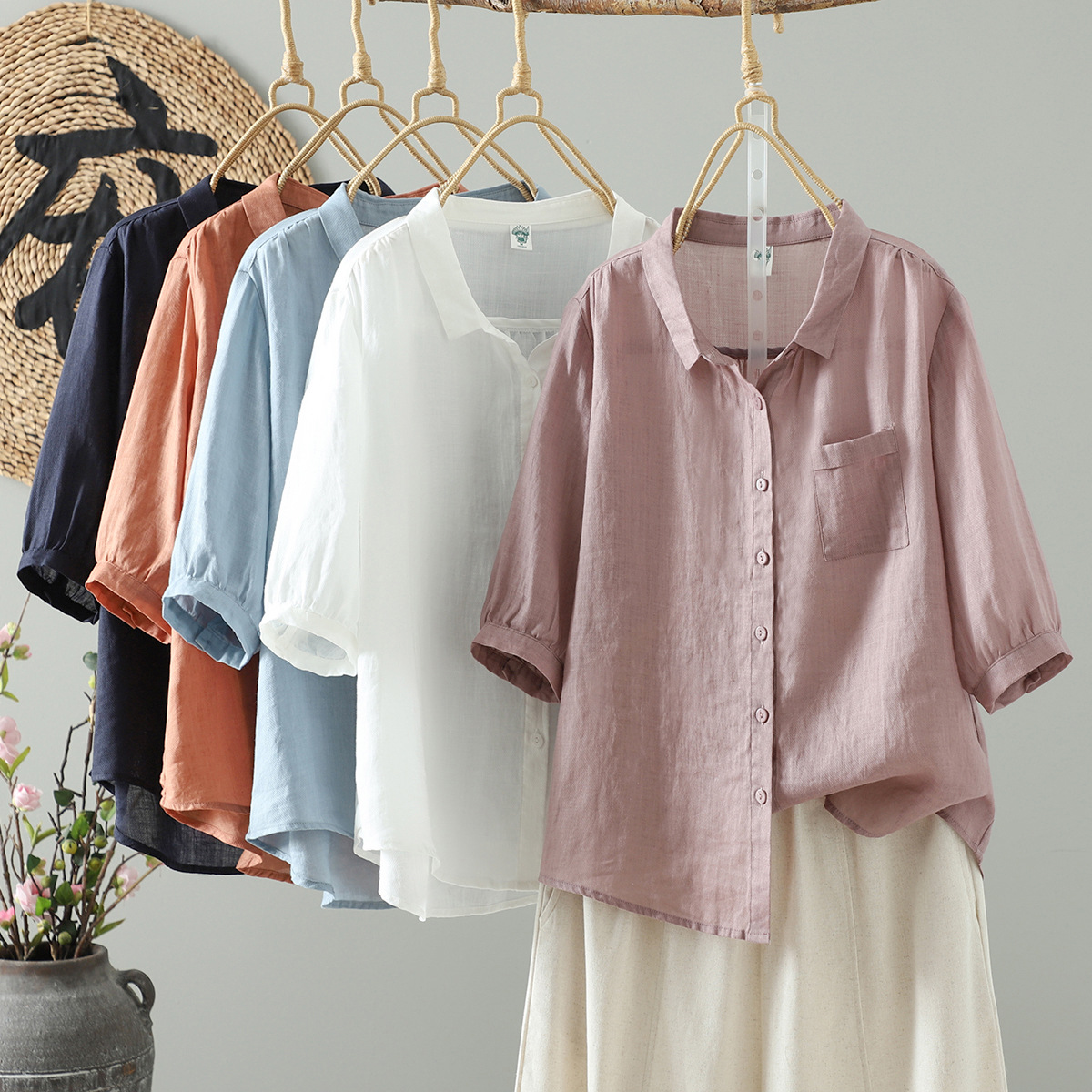 厂家直销  文艺复古春苎麻女式短袖衬衫 轻薄棉麻五分袖女衬衣