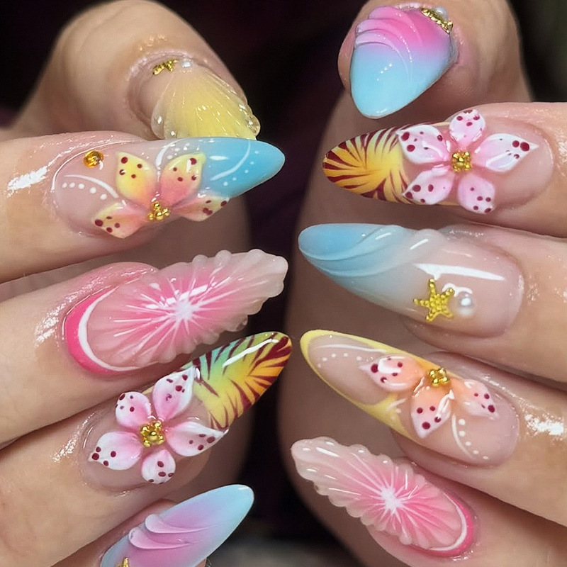 Wearable Almond-Shaped Sweet and Cool Spicy Girl Style Leopard Print Gradient French Edge 3D Three-Dimensional Flower Detachable Fake Nails