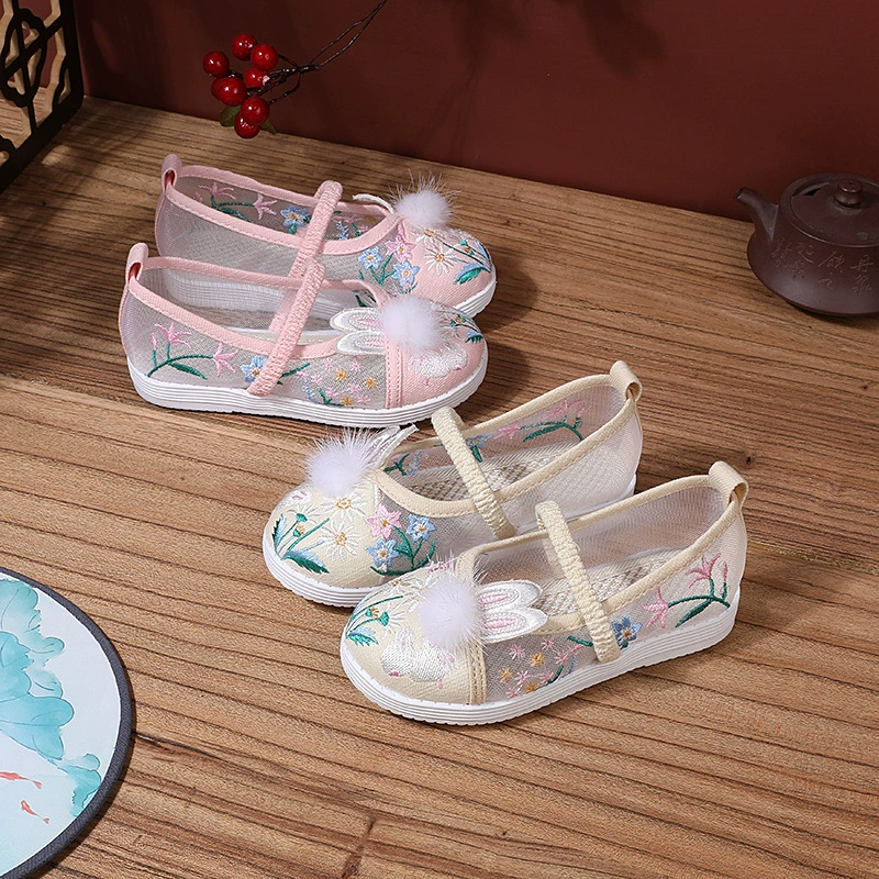 Весенне-летняя обувь для девочек в древнем стиле династии Хань, старая пекинская розовая обувь с милыми заячьими ушками, детская обувь с вышивкой, обувь из сетчатой ​​ткани
