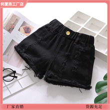 女童夏季牛仔短裤外穿裤黑色白色破洞新款儿童韩版薄款中大童潮流