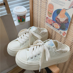 2023 Spring New Heel-Grabbing Semi-Drag Canvas Shoes for Women, Glittery Flat Low-Top White Sneakers, Korean Style Sporty Casual Shoes