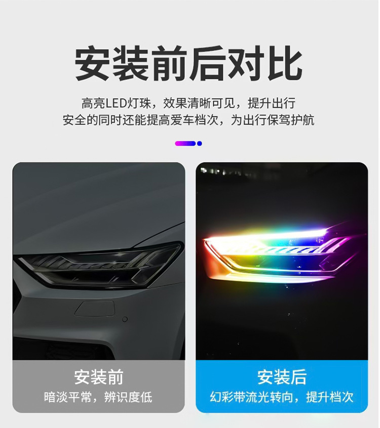 Car Led Headlight with Start-Up Scanning Daytime Running Lights, Colorful Light Guide, Dual-Color Sequential Flow with Turn Signal Driving Lights