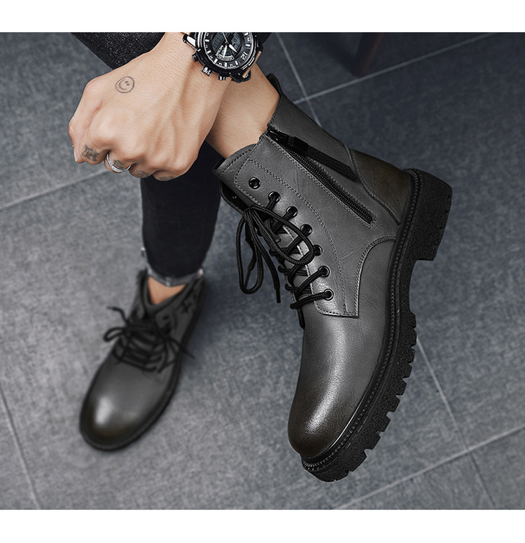 Men's Leather Motorcycle Boots With Warm Plush Lining For Autumn_voghion.com