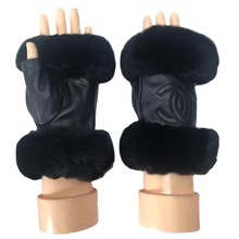 冬季保暖女士羊皮獭兔黑毛口电脑打露指半截皮手套一件代发