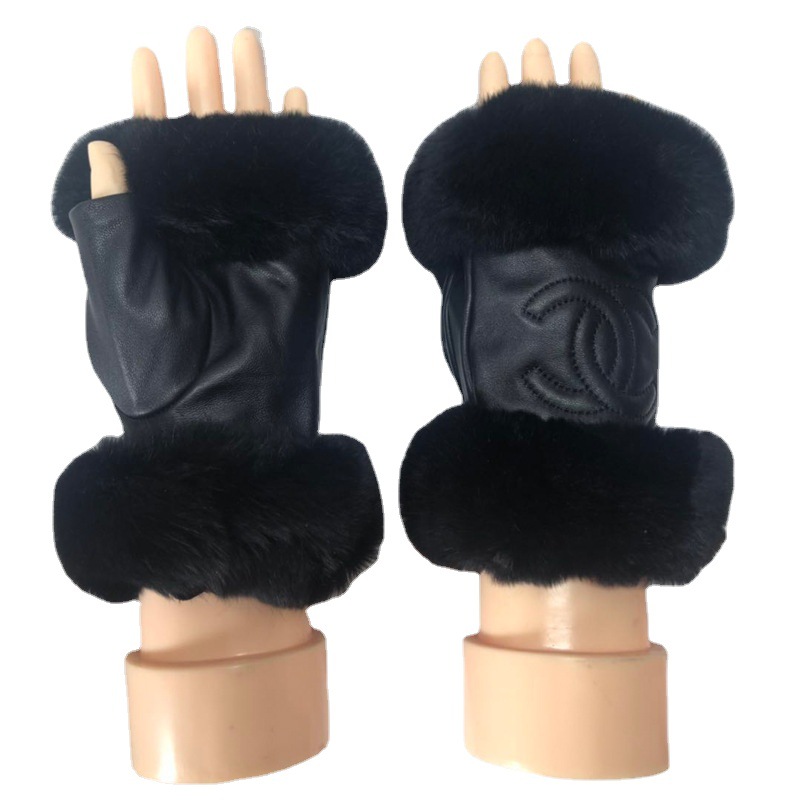 冬季保暖女士羊皮獭兔黑毛口电脑打露指半截皮手套一件代发
