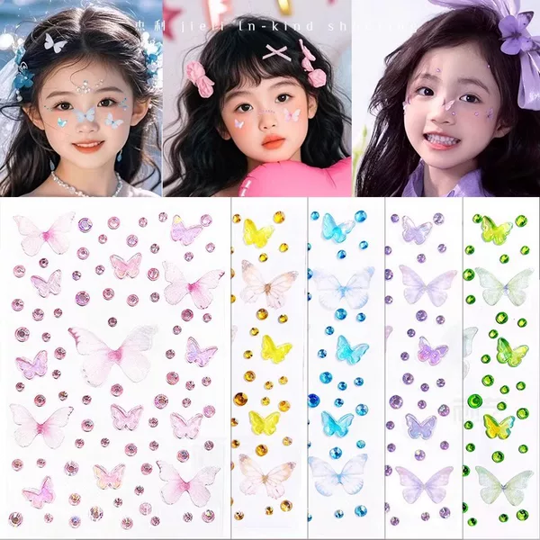 Flashy Aurora Butterfly Tulle Stickers Self-Adhesive Performance Children's Stage Face Stickers Super Flash Makeup Decoration Face Rhinestone Stickers