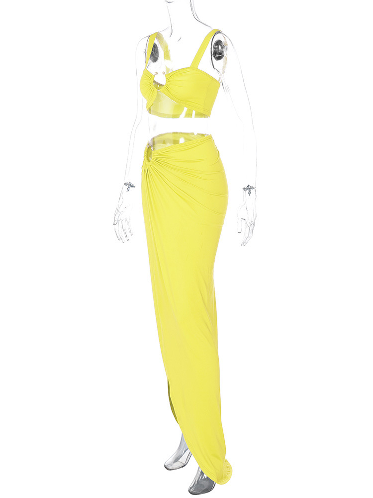Women Clothing Spring Summer Sexy Sling Bandeau Slim Fit Fold Split Skirt Set