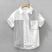 2780短袖衬衫男夏季条纹拼接文艺休闲男装日系半袖衬衣潮一件代发