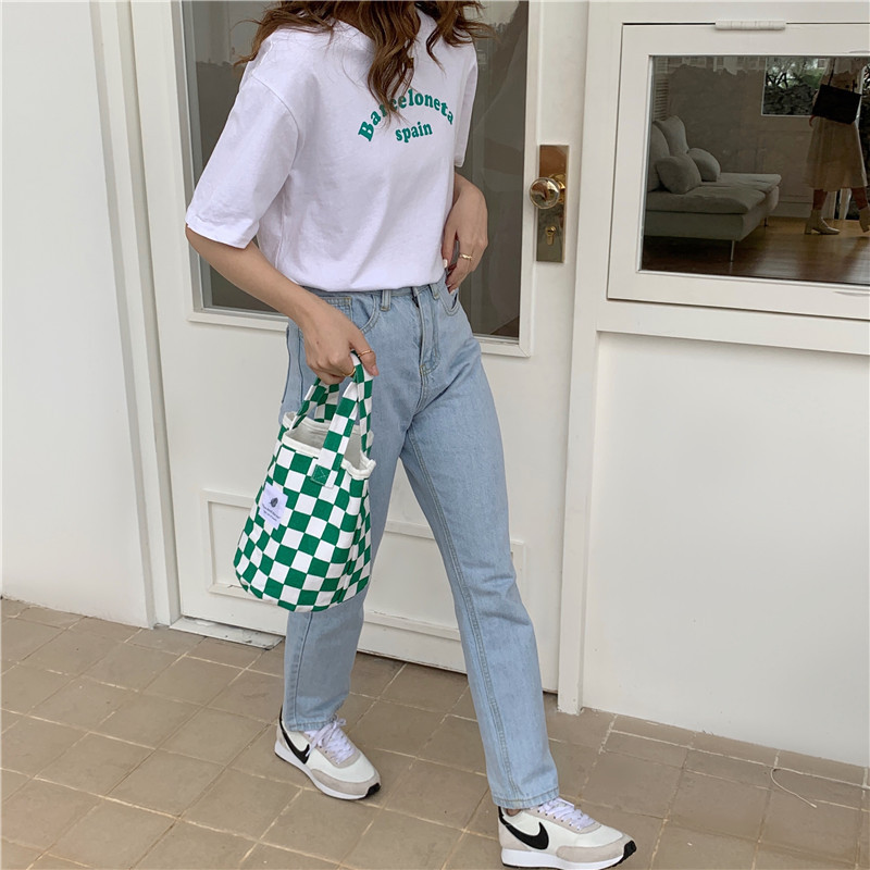 【 In Stock 】18181 checkerboard green checkered canvas bag, school-style commuter single-shoulder bag, retro hand-held tote bag undefined