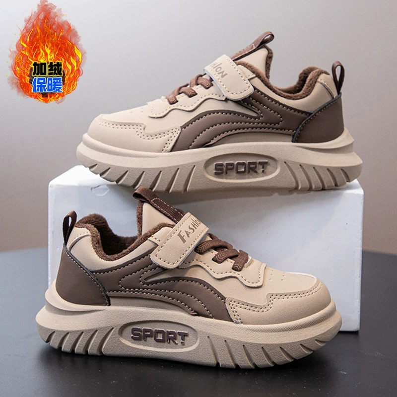 Детские кроссовки на флисовой подкладке, повседневная обувь для мальчиков, зимние утепленные двухслойные хлопковые кроссовки 2025 года, универсальные теплые беговые кроссовки.