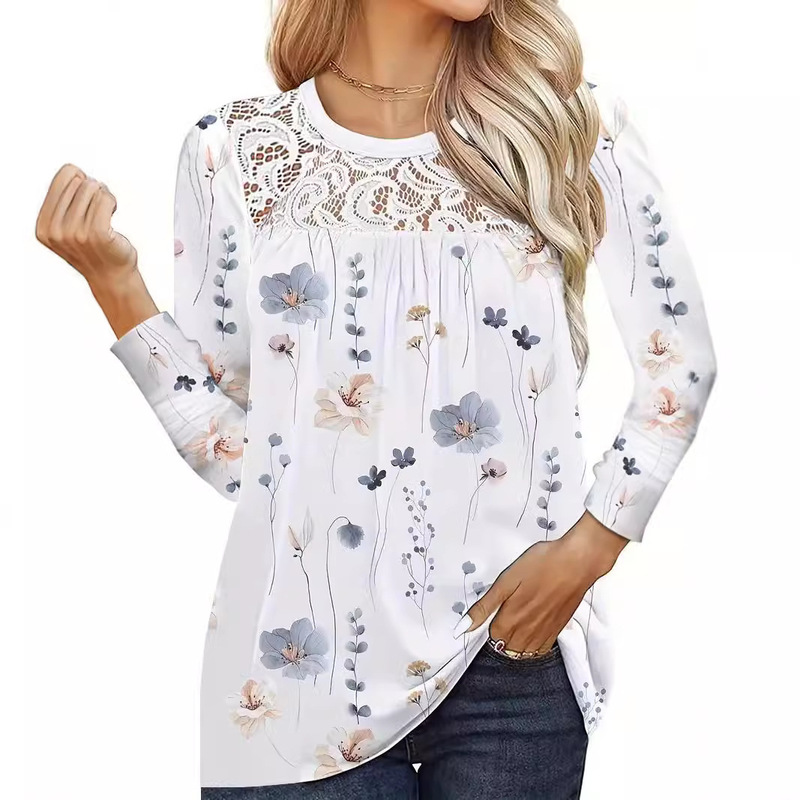 2024 New Amazon European and American Women's Fashion Top Nose Lace Print Long Sleeve Color T-Shirt