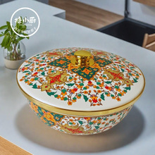 搪小厨复古花色带盖和面盆搪瓷盆家用厨房揉面不粘醒调发面大瓷盆