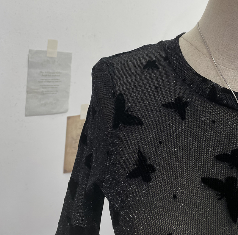 Sexy Butterfly Flocking Shiny Mesh Long Sleeve T shirt Large Bell Sleeve Short Slim Top