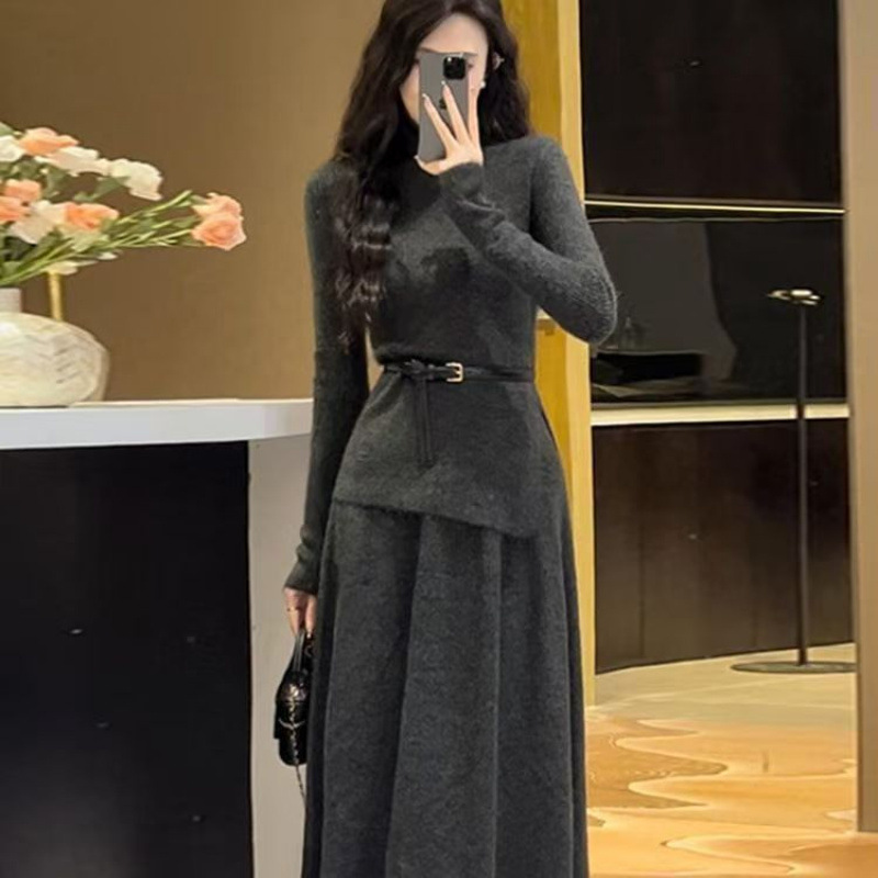 Kaning Korean Style Knitwear Two-Piece Set with Atmospheric Autumn and Winter New French High-End Knitwear and Skirt Suit