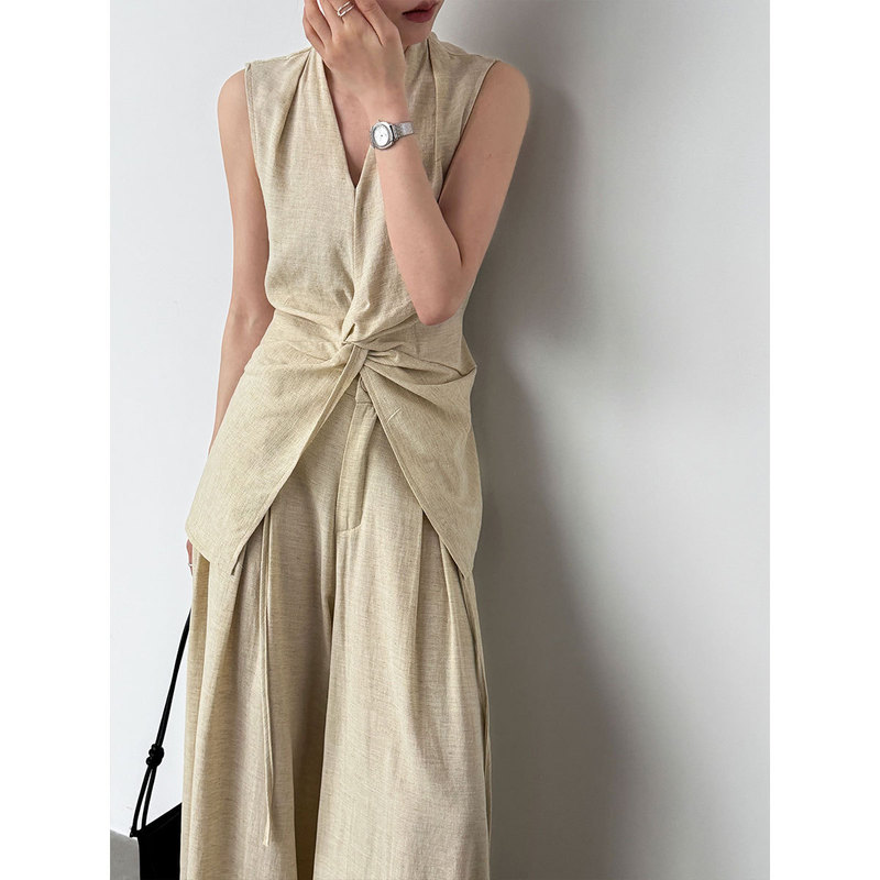 Luxi Design-Inspired V-Neck Twist Sleeveless Vest + Wide-Leg Pants Women's Summer New Slim-Fit Linen Set 2683