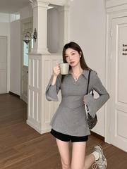大码微胖休闲长袖T恤女装秋季Polo领打底衫胖MM遮肉显瘦内搭上衣