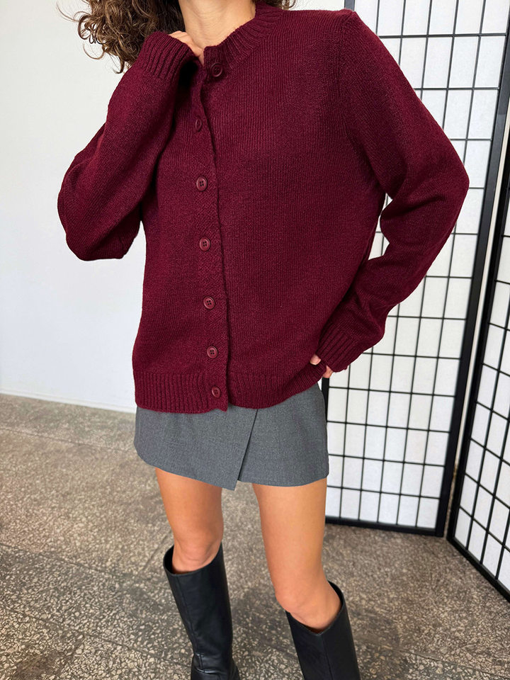 Áo cardigan len dệt kim cổ tròn dáng rộng phong cách Âu Mỹ — Màu vàng nhạt, Màu đỏ sẫm, Xanh ô liu, màu xám