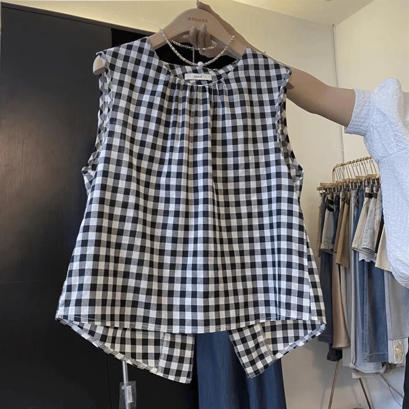 New Korean Style Design Black Plaid Shirt Schumann Temperament Swallowtail Slit Hem Shirt