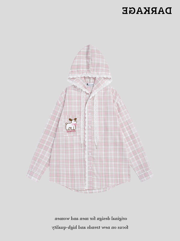 Sweet and Cute Puppy Embroidered Hooded Long-Sleeved Shirt for Women in Autum Lazy Style Loose Casual Plaid Shirt Jacket