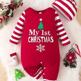 跨境婴幼儿男女宝宝圣诞节日款圣诞树字母印花条纹长袖连体爬服