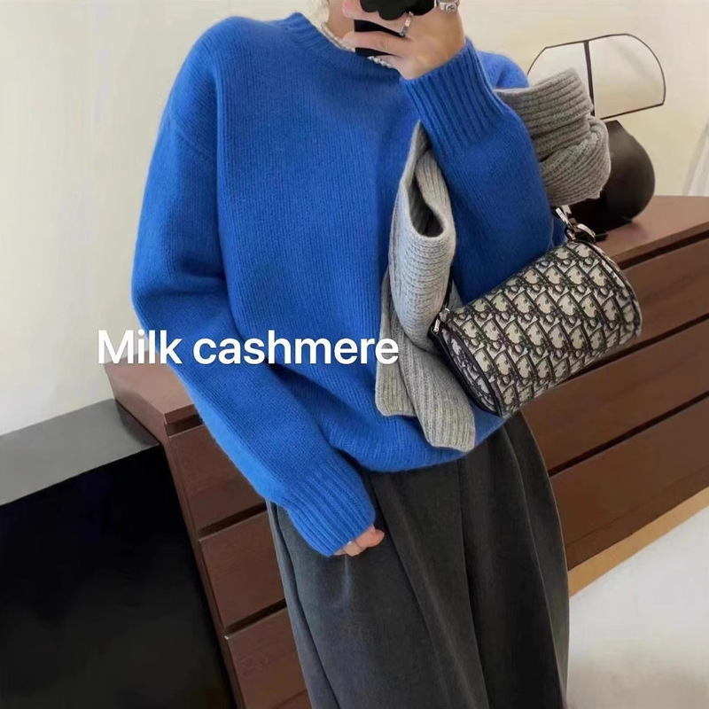 Loose Sweater, Cashmere Wool Sweater, Women's Round Neck Heavyweight Autumn and Winter Thickened Top, Pure Lazy Knitted Base Shirt
