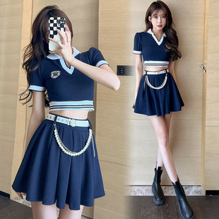 Real Shot College Style Casual suit Women's Summer 2022 New Fashion Western Style Skirt Two-Piece Set