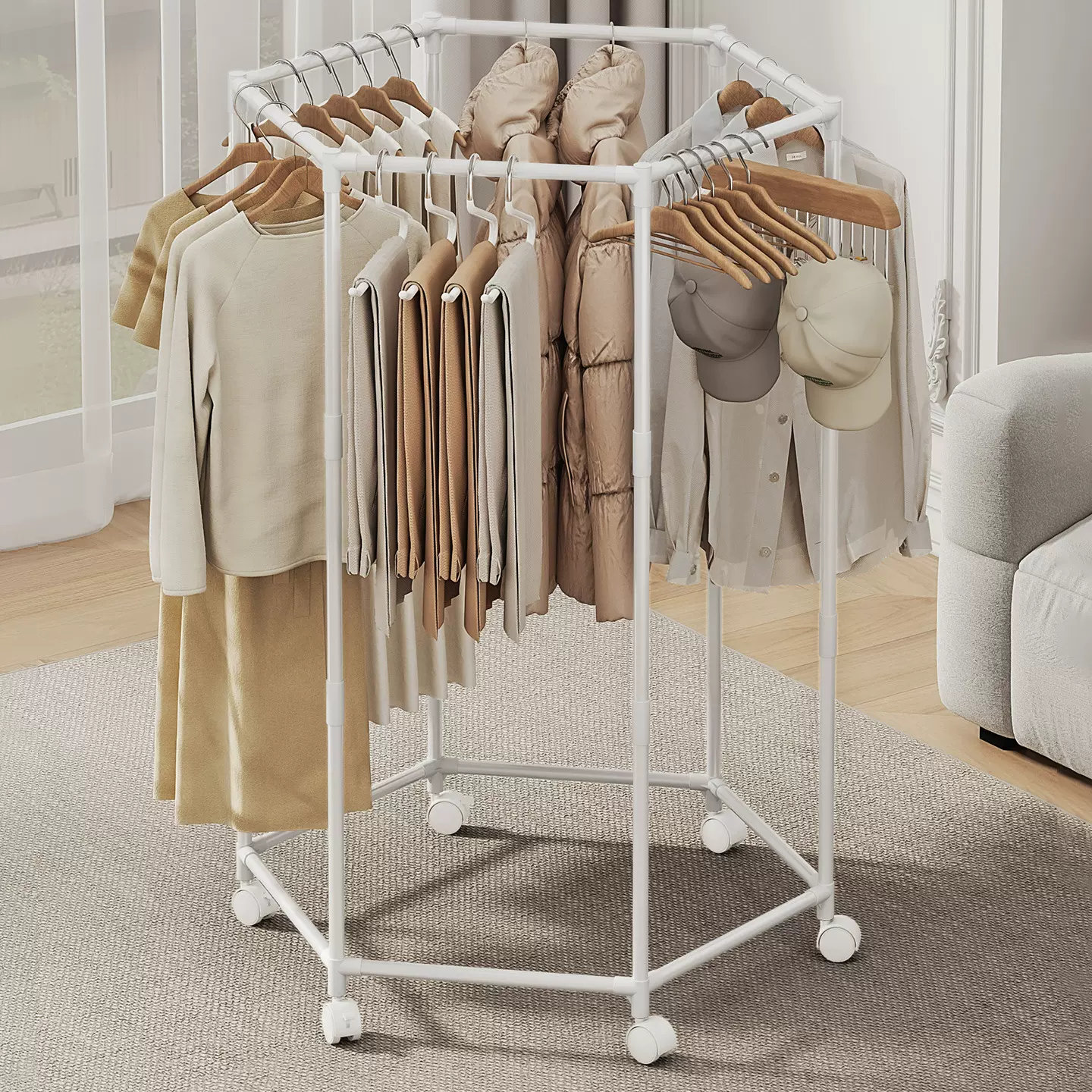 六边形简易可移动多功能落地衣帽架家用卧室衣服收纳架阳台晾衣架