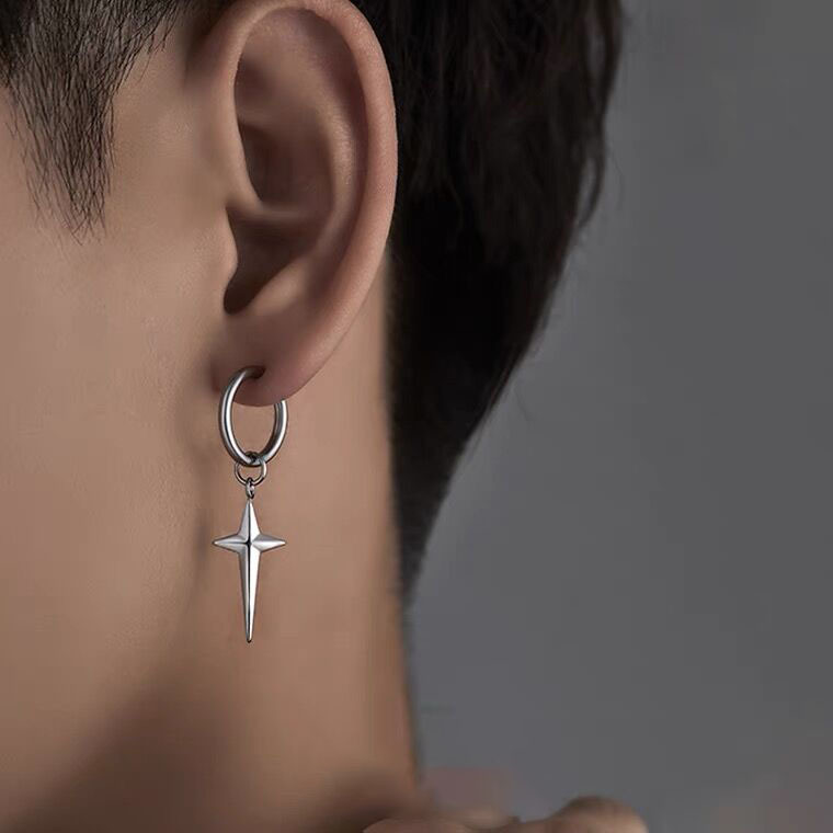Niche Design Titanium Steel Stereo Cross Star Earrings for Couples, Simple and High-End Boys' Ear Clip Earrings for Women