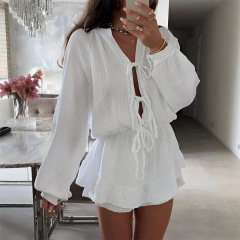 ヨーロッパとアメリカのクロスボーダー Amazon 2025 婦人服ソリッドカラーレースアップカーディガンラウンドネックランタンスリーブトップドレス長袖