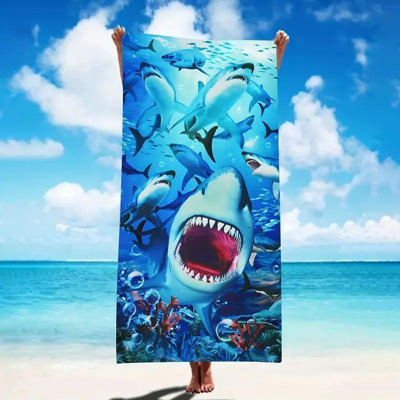 One Piece Funny Cool Shark Beach Towel Swimming Towel Men's Quick-drying Absorbent Double-sided Fleece Fiber Bath Towel Set