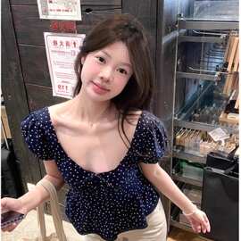 韩系复古蓝色波点泡泡袖方领衬衫女夏季bm系带收腰显瘦短袖上衣潮