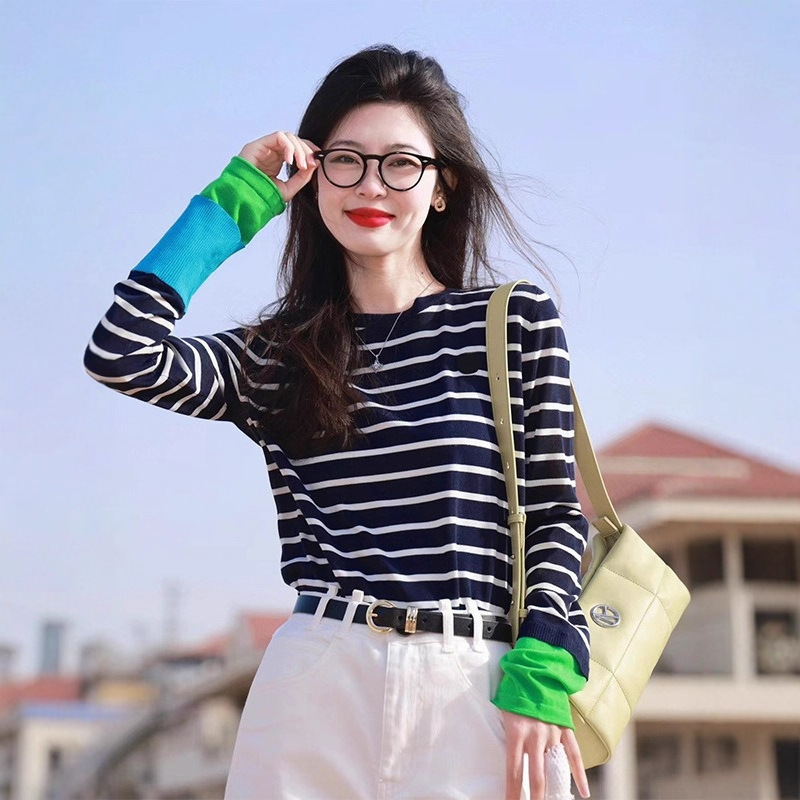 Round Neck Knitted Women's 2025 Autumn New Style Color-Blocked Sleeves Classic Casual Striped Wool Long-Sleeved Women's Knitted Sweater
