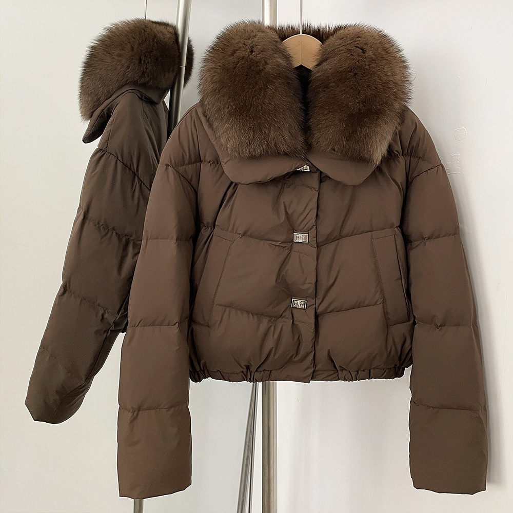 Elegant Short Down Jacket With Fox Fur Trim – Slim-Fit Winter Coat For Women, Detachable Hood & High-End Styling (Black/Brown Options, S/M Sizes)_voghion.com
