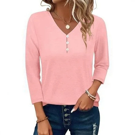 European and American Cross-Border Women's Three-Quarter Sleeve V-Neck T-Shirt Casual Lightweight Button-Up Top 2026 Mid-Sleeve European and American Cross-Border Women's Three-Quarter Sleeve V-Neck T-Shirt Casual Lightweight Button-Up Top 2026 Mid-Sleeve