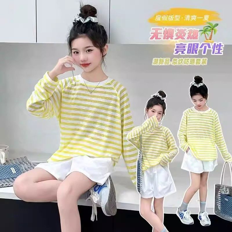 女童夏季套装防晒服新款母女装宽松休闲条纹T恤长袖短裤两件套装