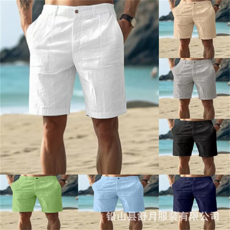 26 New Cross-Border Men's Cotton and Linen Summer Solid Color Beach Casual Outdoor Breathable Straight-Leg Quick-Dry Shorts