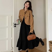 胖mm300斤美拉德短外套+连衣裙两件套女秋季大码显瘦长裙时尚套装