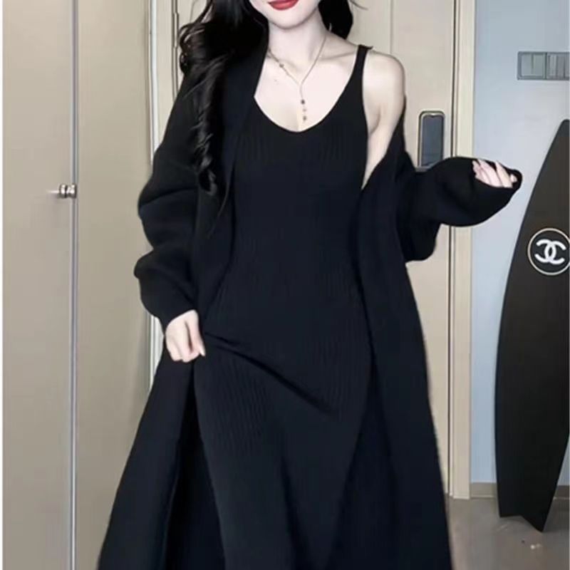 松霜绿针织显身材外套连衣裙气质女神高级毛衣长裙两件套|undefined
