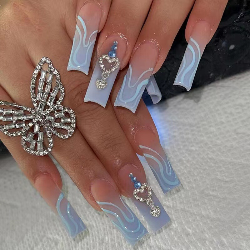 ins Style Long Wear Armor-encrusted Pendant Blue Gradient Line False Nail Patch Finished Nail Patch Cross-Border