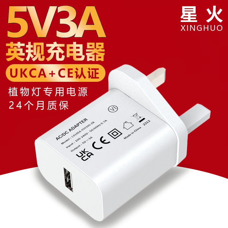 Uk and Australia 5V3A Charger with Ce, Ukca, Saa Certification, 15W Charging Head, Lde Light Strip, USB Power Adapter