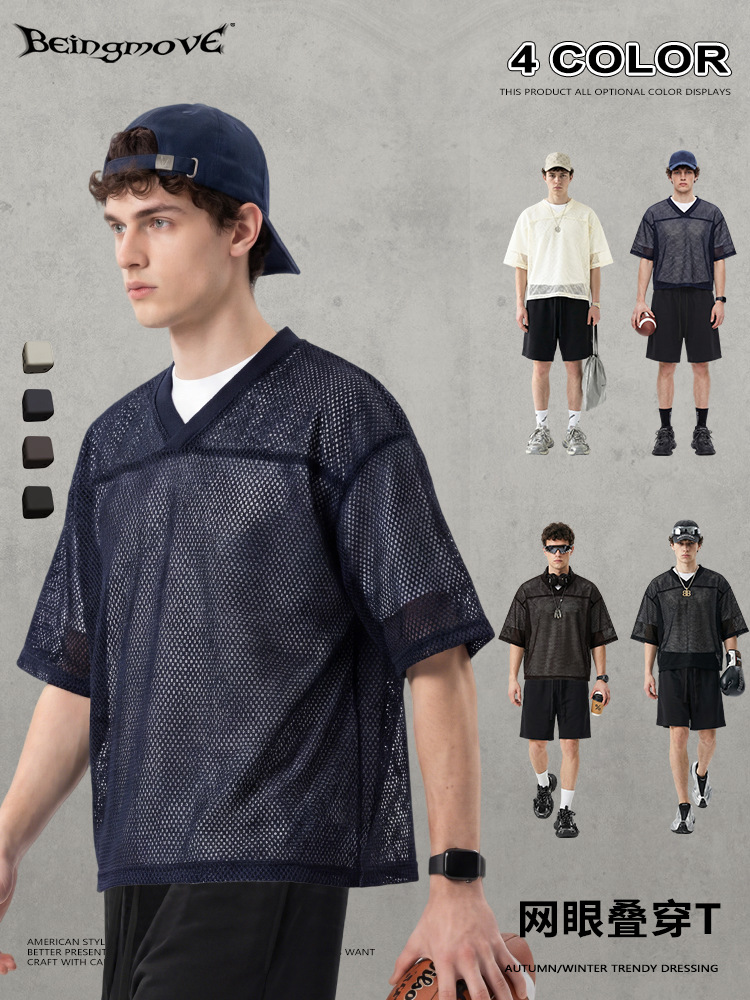 Calle secada| Verano americano marca de moda hombre Boxyfit corto ancho malla plegable vestir camiseta de manga corta de cuello en V para hombre