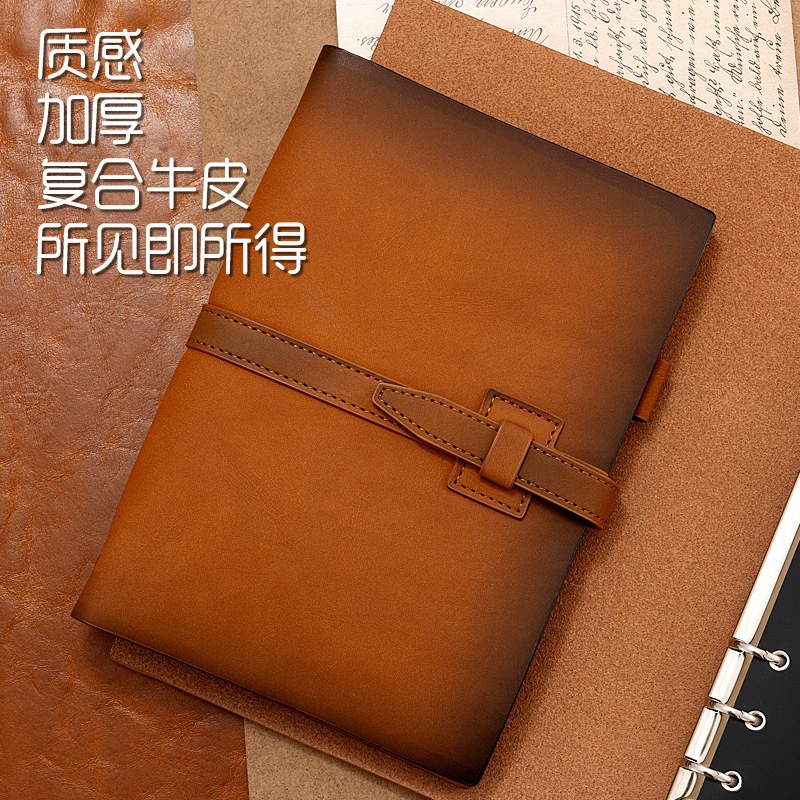 A5手账本双层复合牛皮活页本搭扣旅行日记本活页夹A5复古软皮活页