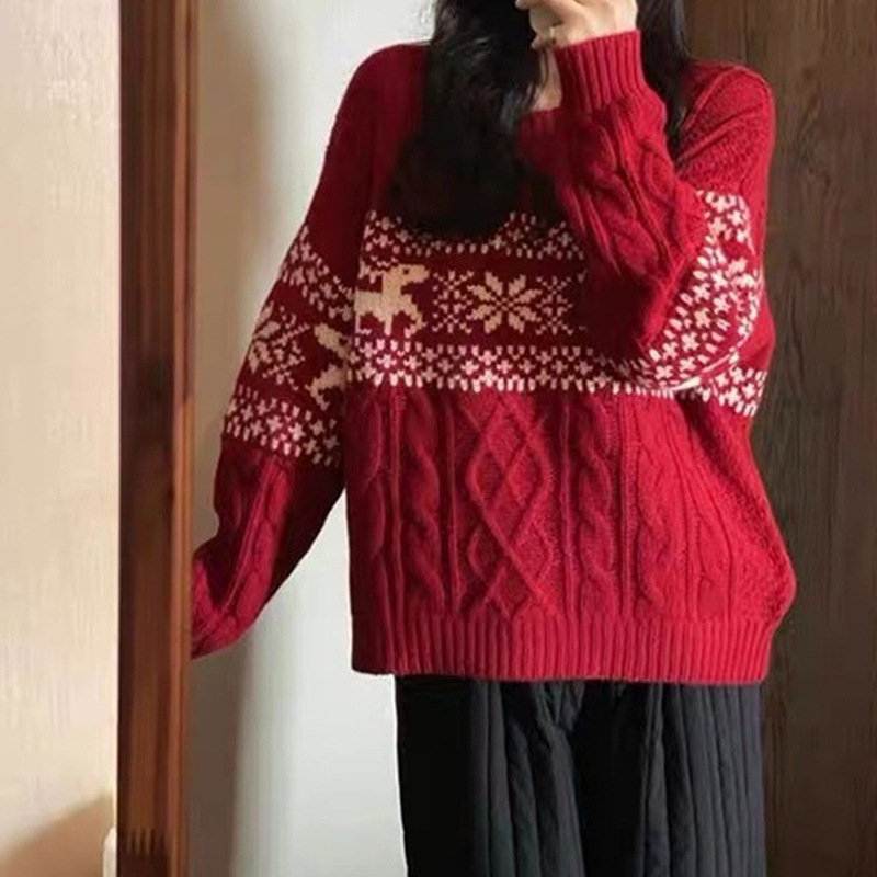 Retro red Japanese demi-season knitted sweater with a round collar