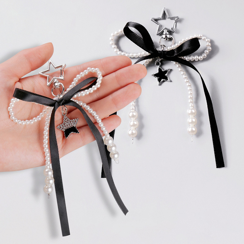 Cross-Border Dark Gothic Style Handmade Beaded Faux Pearl Black Ribbon Bow Star Keychain Trendy Hot Item