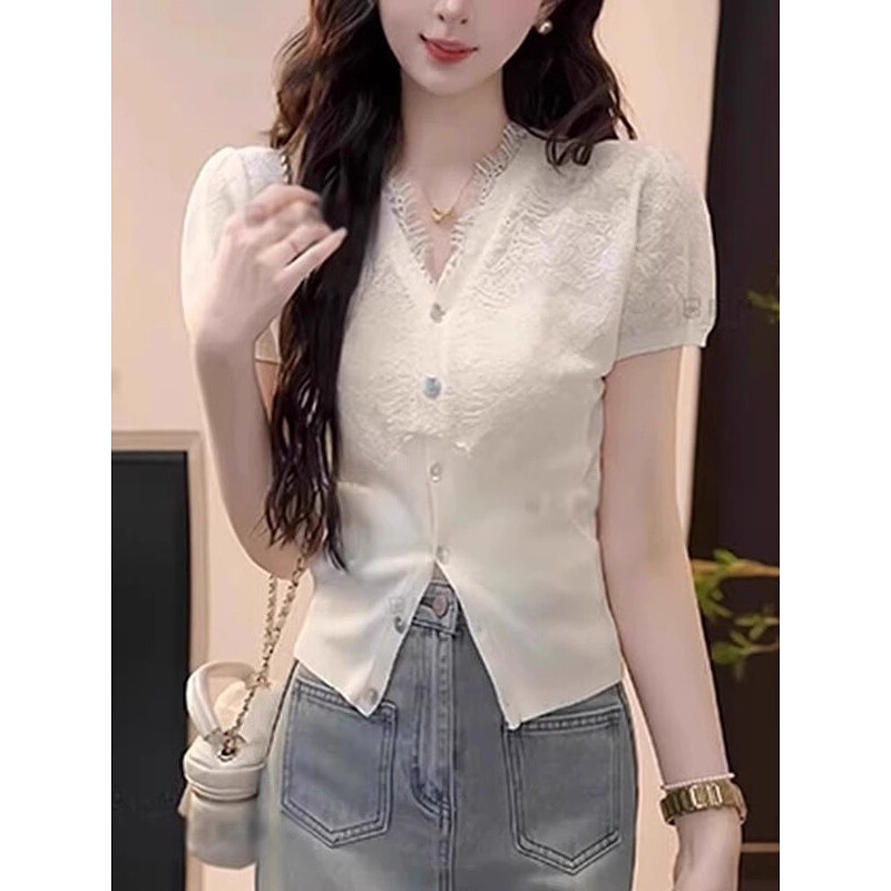 This Summer's New French-Style Cardigan with a Stylish Design, Single-Breasted V-Neck, Lace Patchwork, Short Sleeves, and Slit This Summer's New French-Style Cardigan with a Stylish Design, Single-Breasted V-Neck, Lace Patchwork, Short Sleeves, and Slit