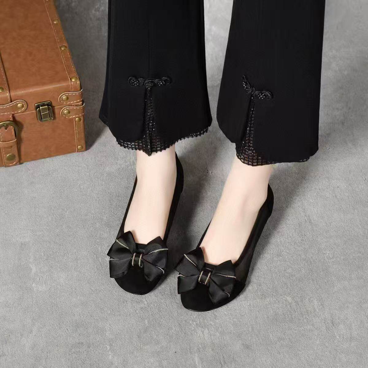 Giày búp bê nữ mũi tròn da thật lưới gót thấp 3 cm đế mềm — Đen 3cm